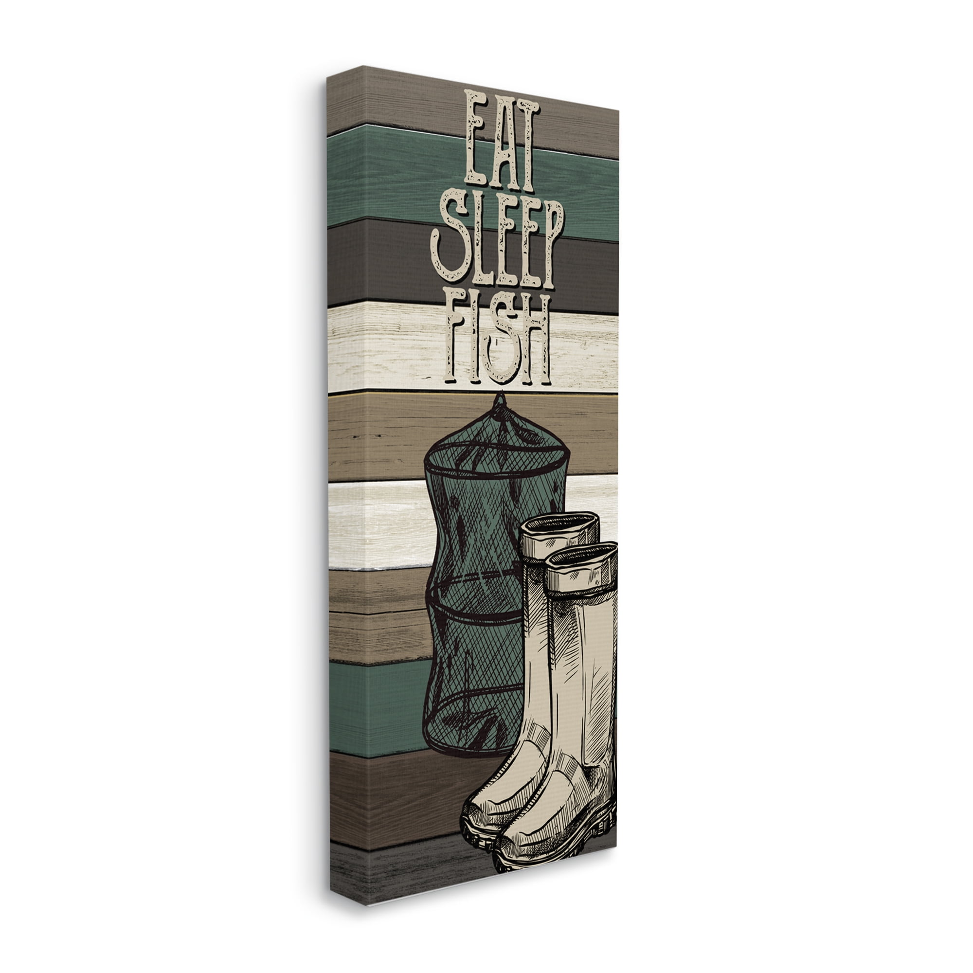 Stupell Industries Eat Sleep Fish Phrase Fishing Boots and Net Inspirational Painting Gallery Wrapped Canvas Print Wall Art, 13 x 30