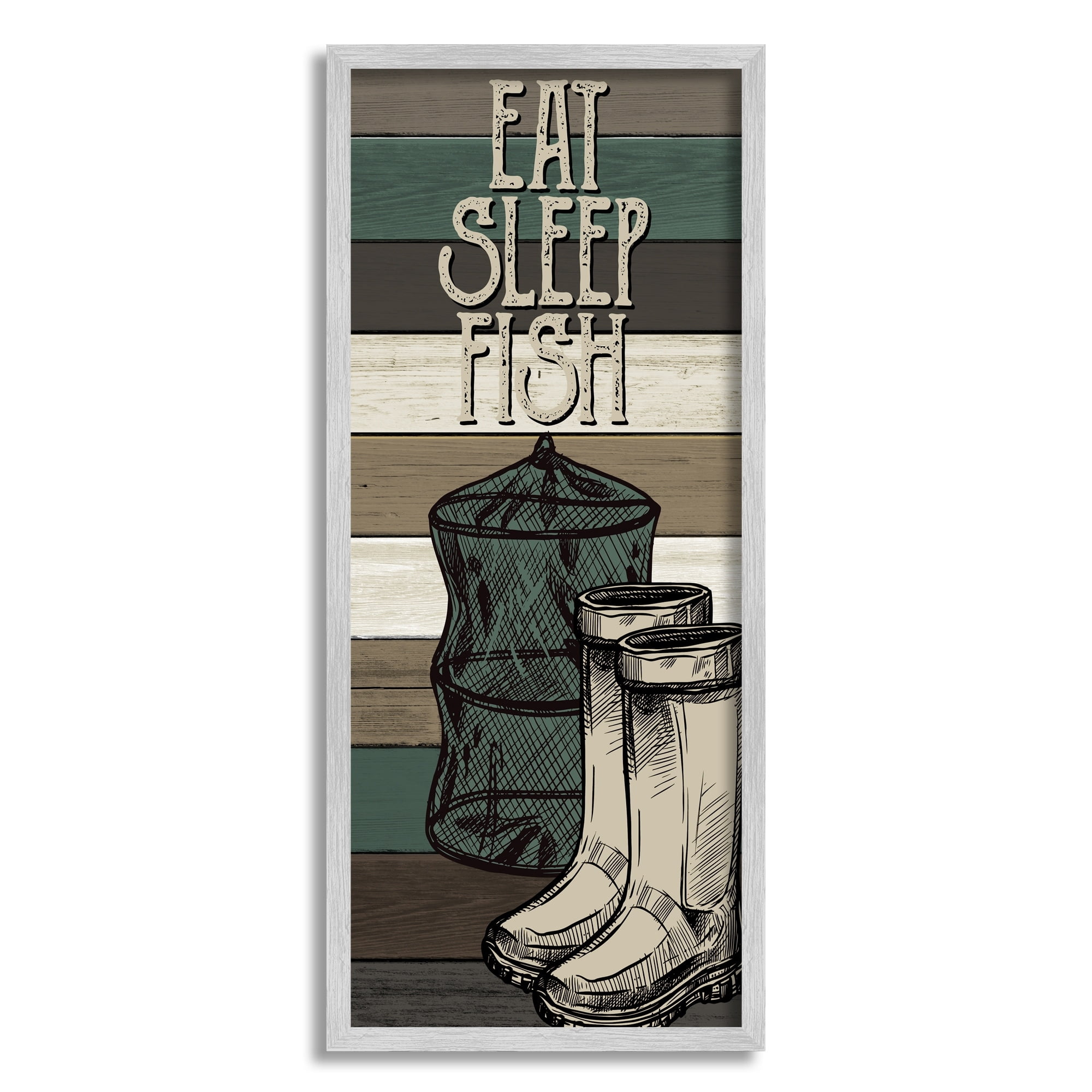 Stupell Industries Eat Sleep Fish Phrase Fishing Boots and Net Inspirational Painting Gray Framed Art Print Wall Art, 13 x 30