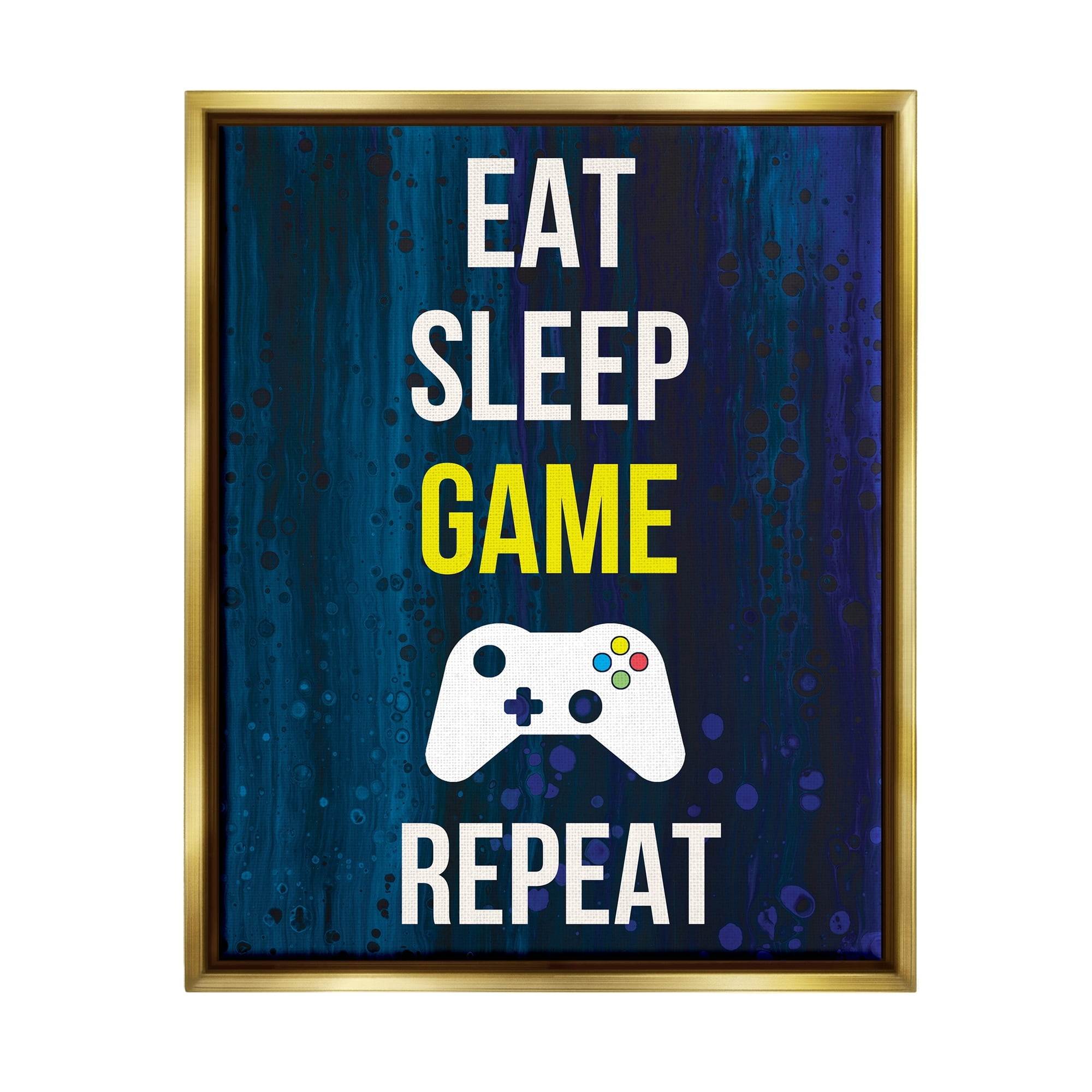 Stupell Industries Eat Sleep Game Repeat Controller Layered Background Graphic Art Metallic Gold Floating Framed Canvas Print Wall Art, Design by Annie Warren