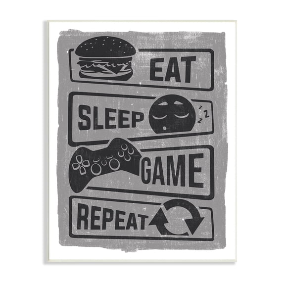 Stupell Industries Eat Sleep Game Repeat Phrases Video Gamer Icons, 10 x 15, Designed by Lux + Me Designs