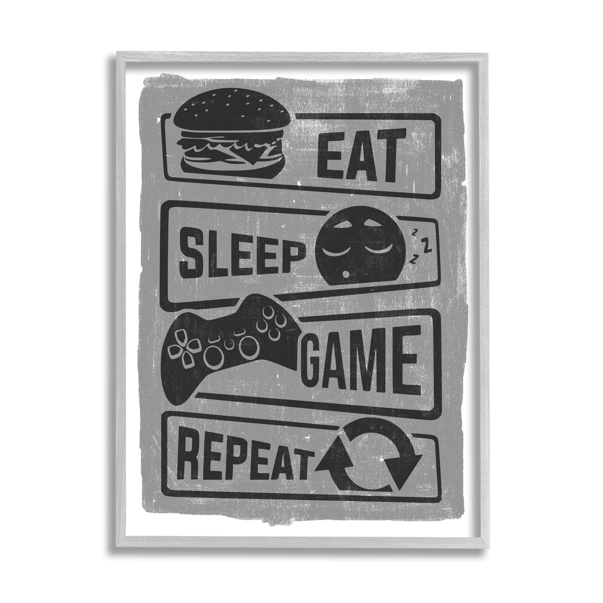 Stupell Industries Eat Sleep Game Repeat Phrases Video Gamer Icons Graphic Art Gray Framed Art Print Wall Art, 24x30, by Lux + Me Designs