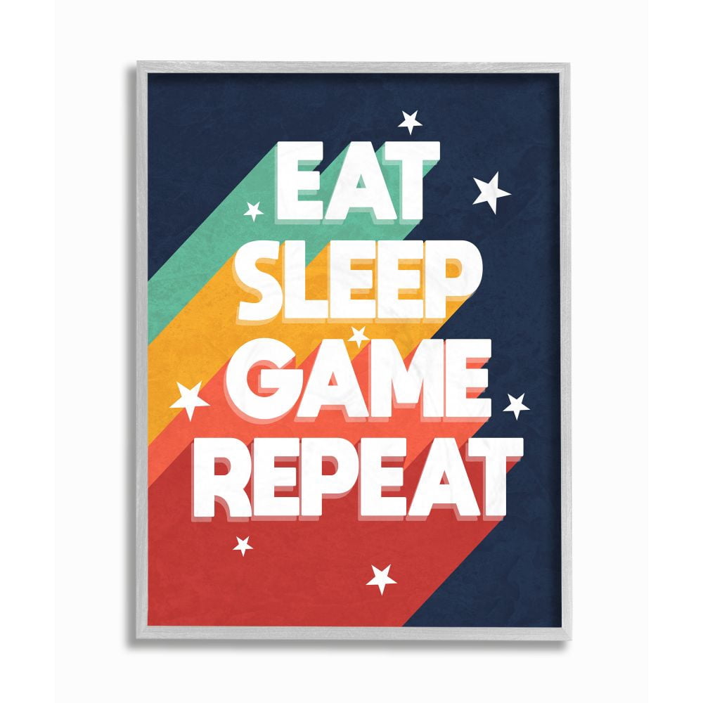Stupell Industries Eat Sleep Game Repeat Quote Pop Video Game Phrase Framed Wall Art Design by Daphne Polselli, 11" x 14", Gray Framed