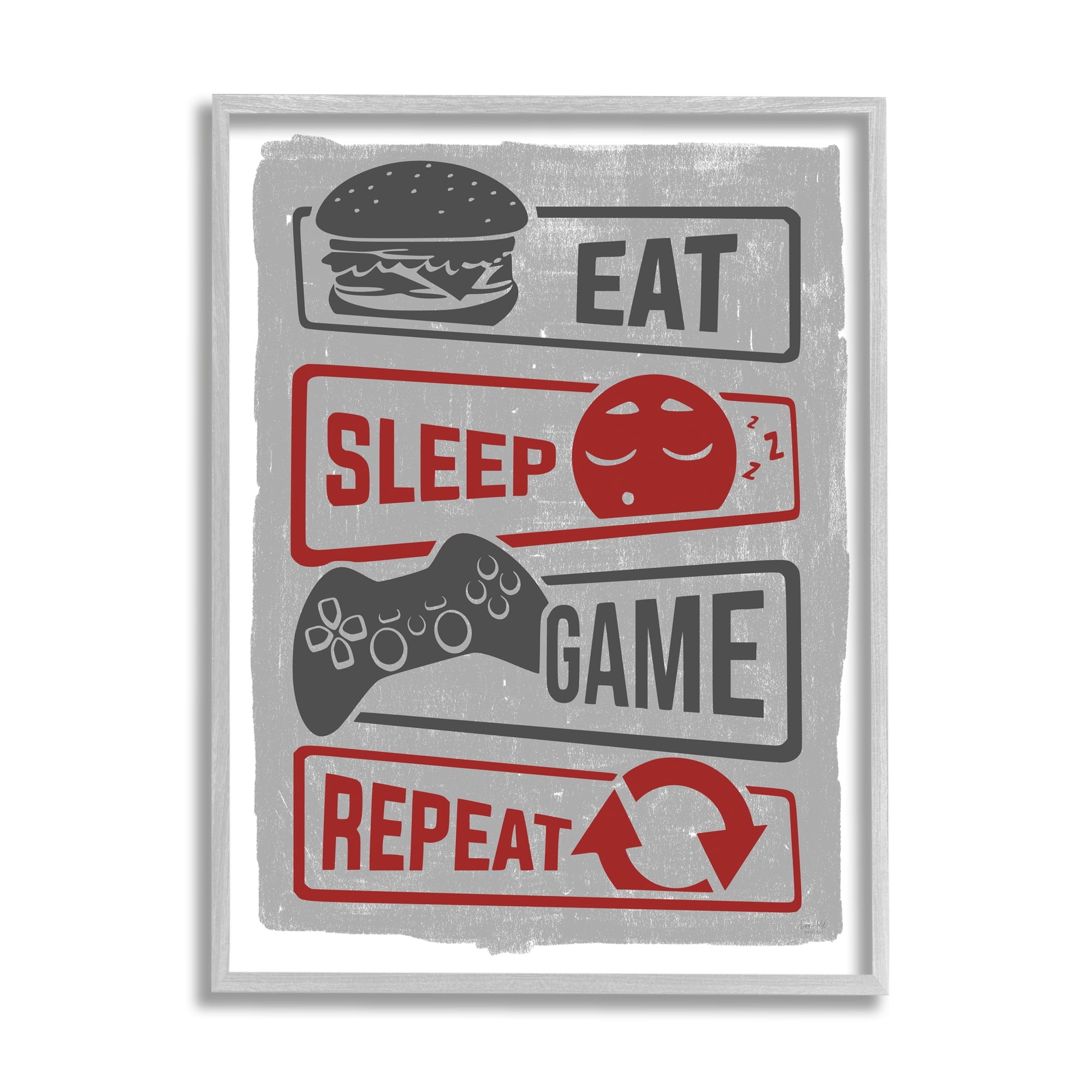 Stupell Industries Eat Sleep Game Repeat Quote Saying Vintage Sign Graphic Art Gray Framed Art Print Wall Art, 16x20, by Lux + Me Designs