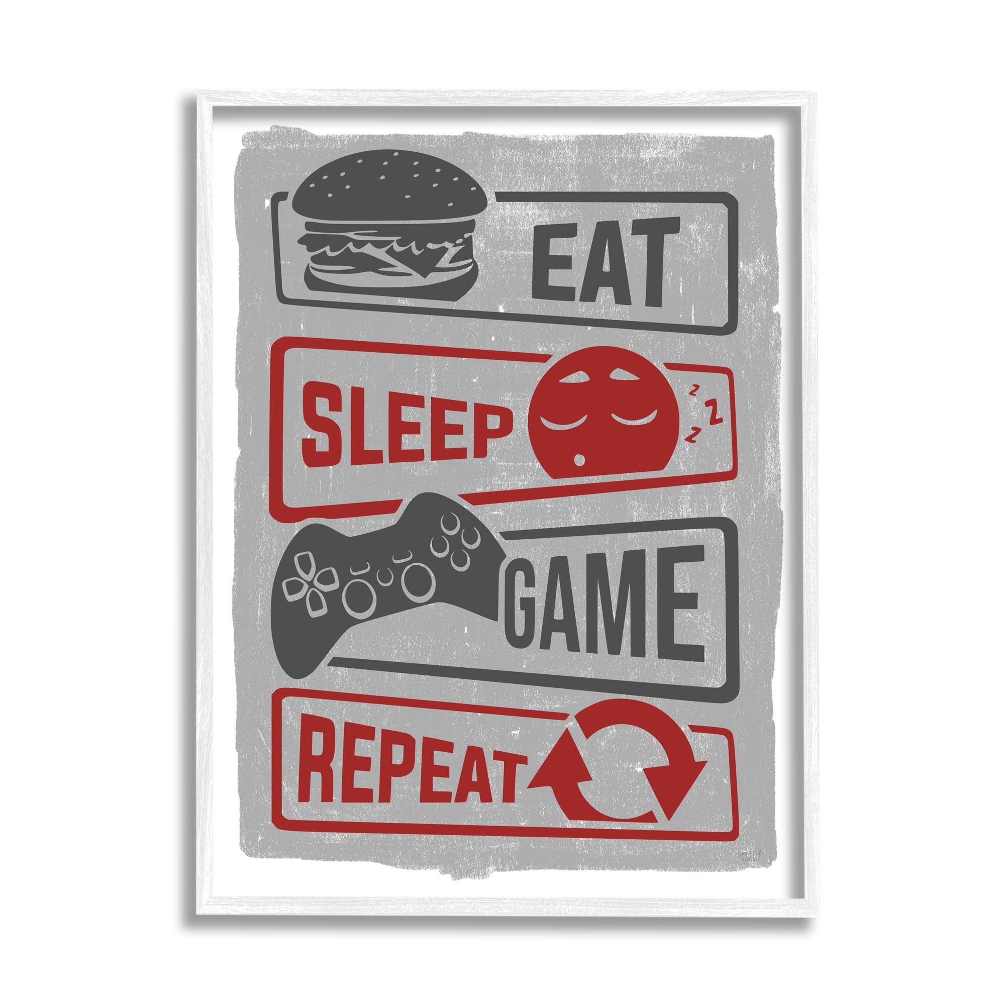 Stupell Industries Eat Sleep Game Repeat Quote Saying Vintage Sign Graphic Art White Framed Art Print Wall Art, 24x30, by Lux + Me Designs
