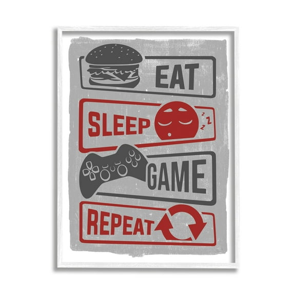 Stupell Industries Eat Sleep Game Repeat Quote Saying Vintage Sign Graphic Art White Framed Art Print Wall Art, 24x30, by Lux + Me Designs