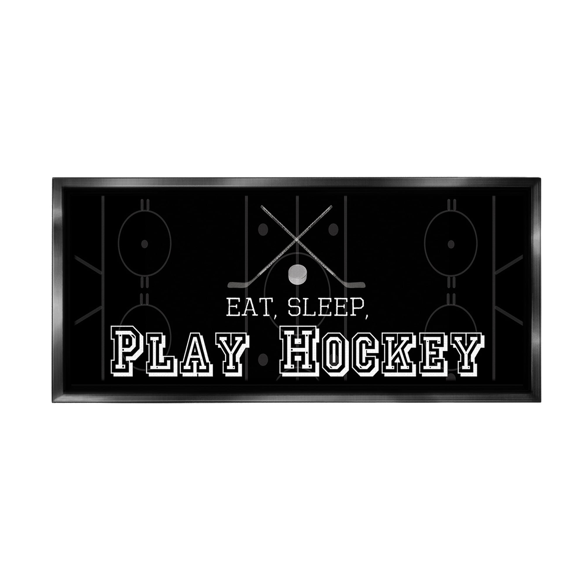 Stupell Industries Eat Sleep Hockey Phrase Sports Painting Black Floater Framed Canvas Art Print Wall Art, 31 x 14