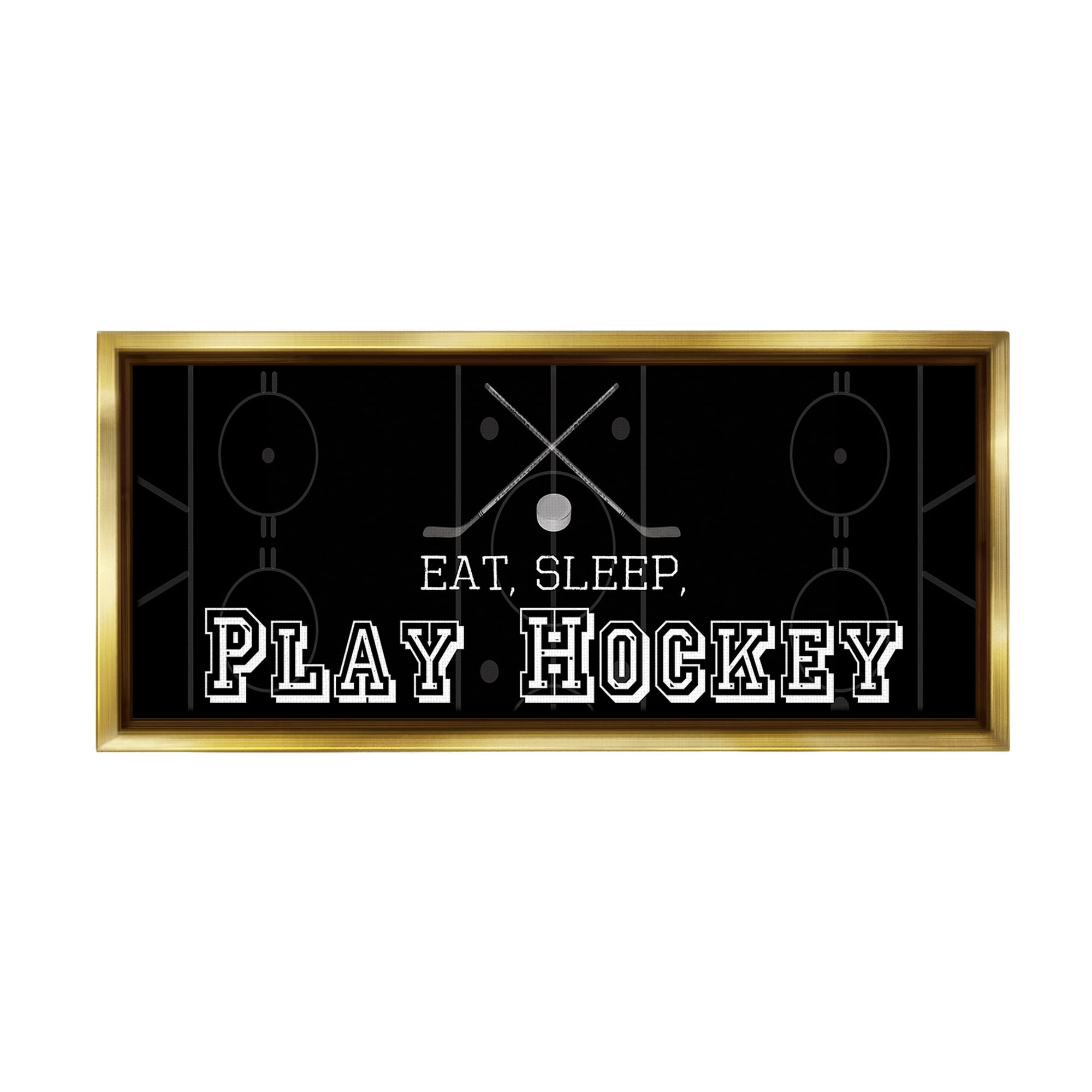 Stupell Industries Eat Sleep Hockey Phrase Sports Painting Gold Floater Framed Canvas Art Print Wall Art, 31 x 14