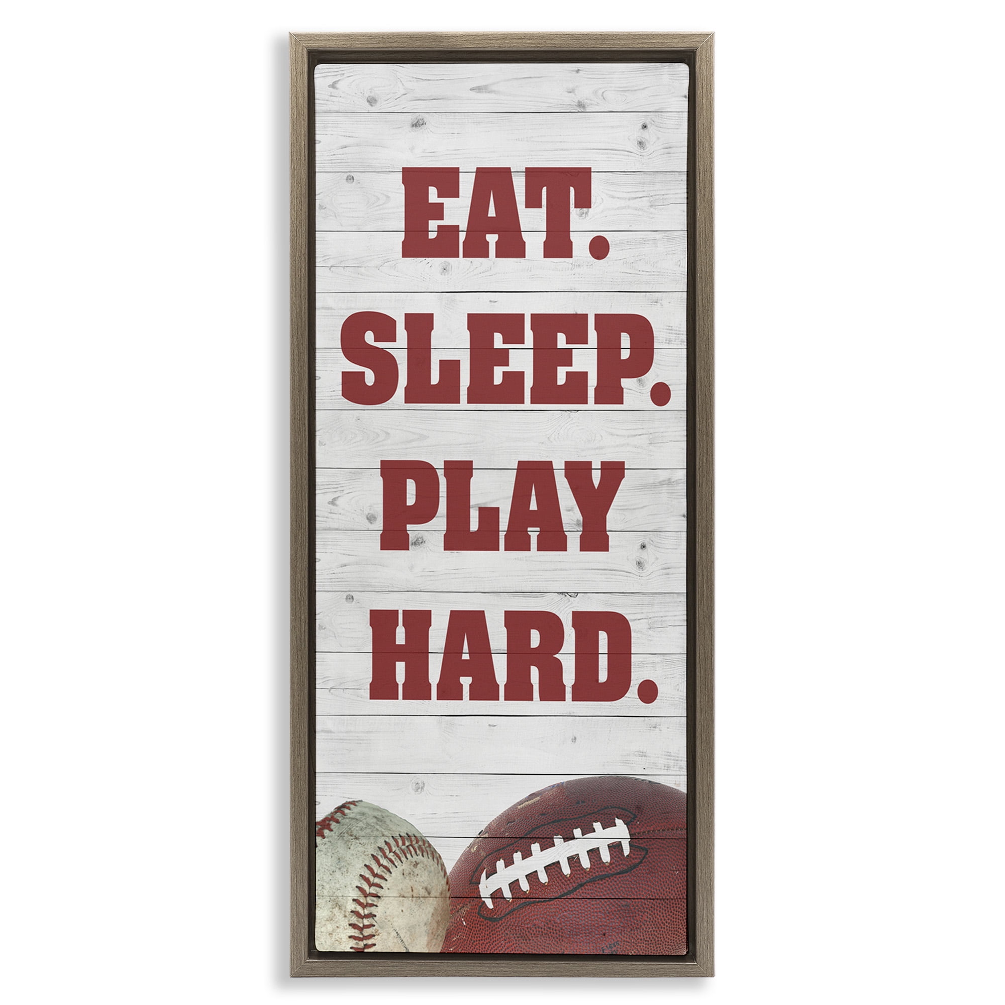Stupell Industries Eat Sleep Play Hard Sports Sports Painting Brown Floater Framed Canvas Art Print Wall Art, 11 x 25