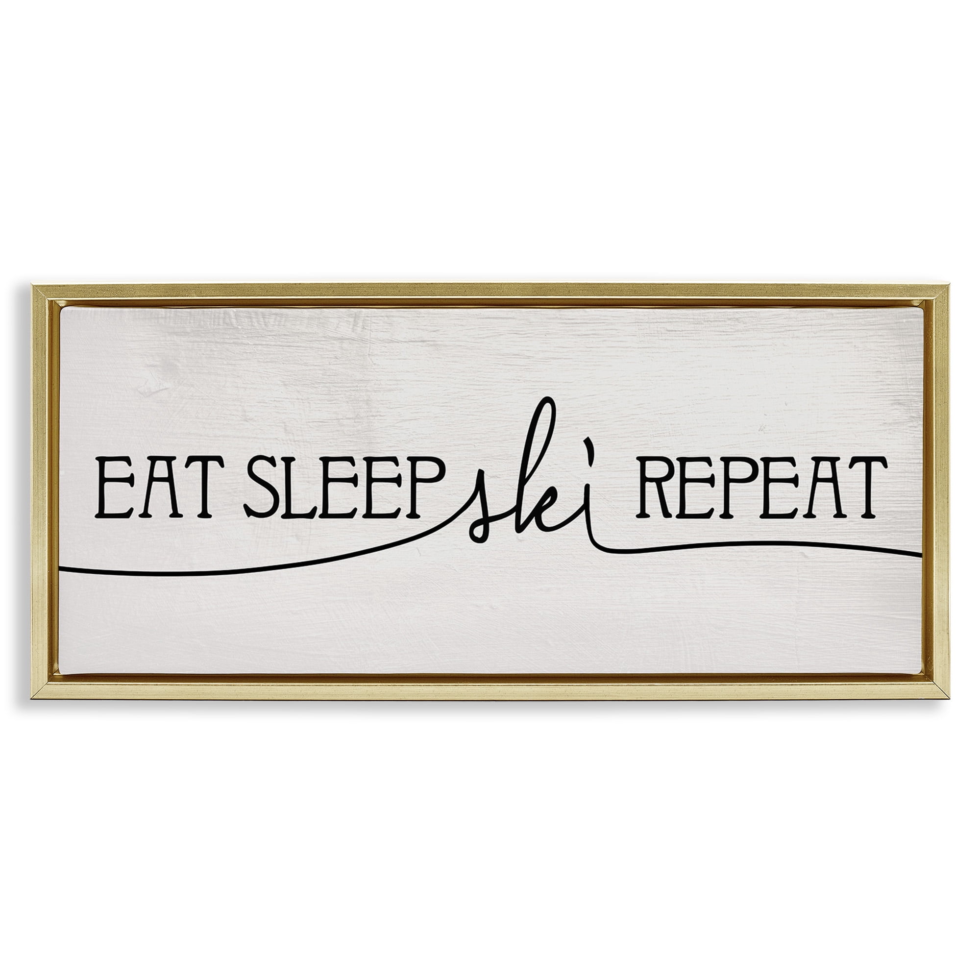 Stupell Industries Eat Sleep Ski Repeat Phrase Typography Painting Gold Floater Framed Canvas Art Print Wall Art, 25 x 11
