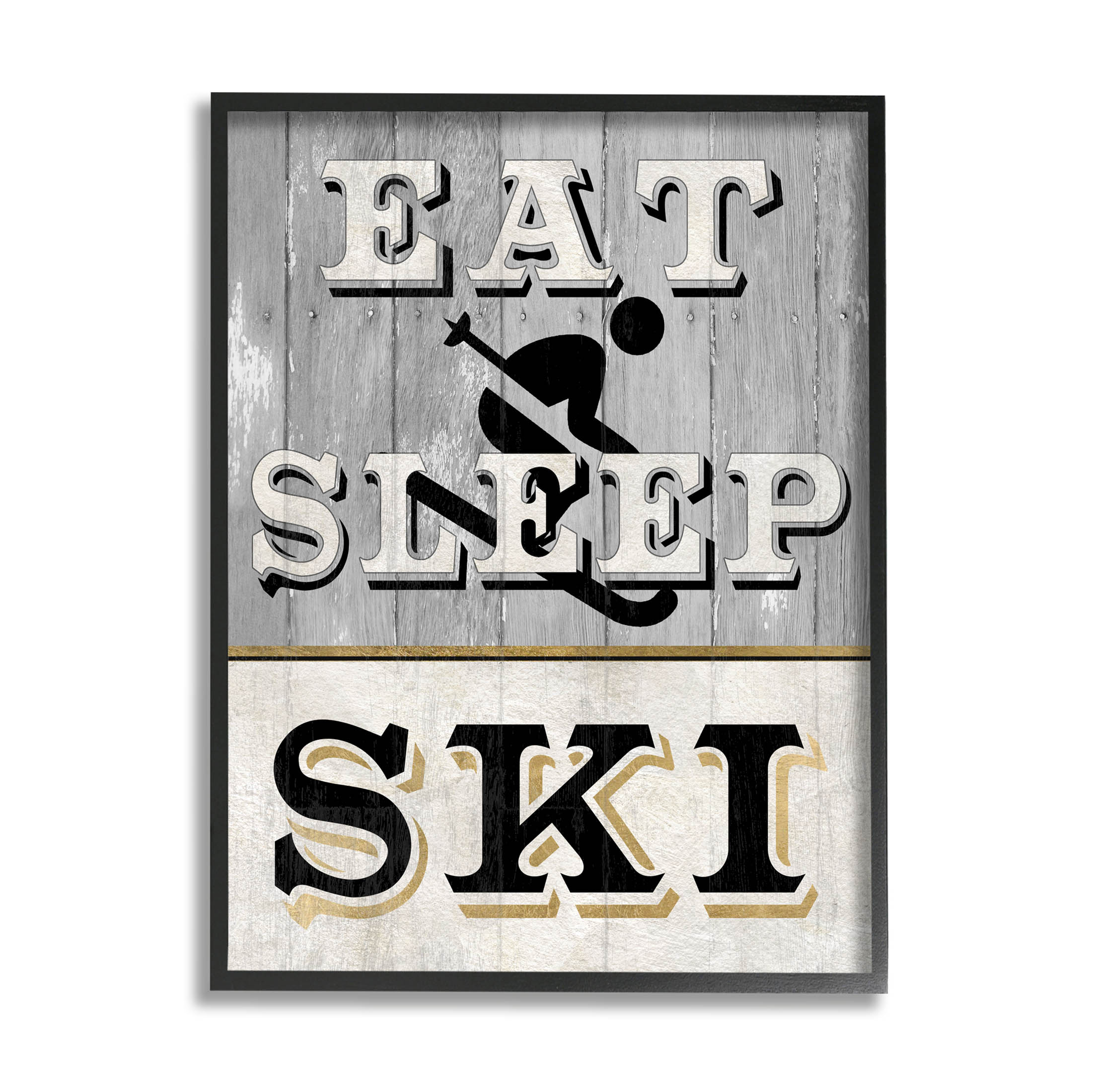 Stupell Industries Eat Sleep Ski Rustic Sign Graphic Art Black Framed Art Print Wall Art, Design by Livi Finn