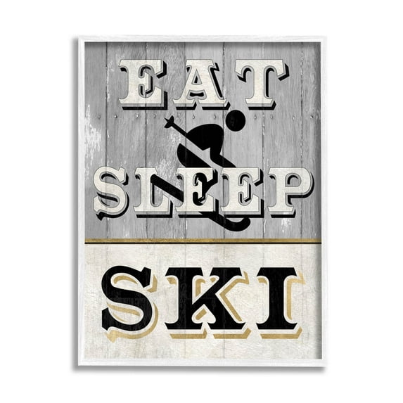 Stupell Industries Eat Sleep Ski Rustic Sign Graphic Art White Framed Art Print Wall Art, Design by Livi Finn