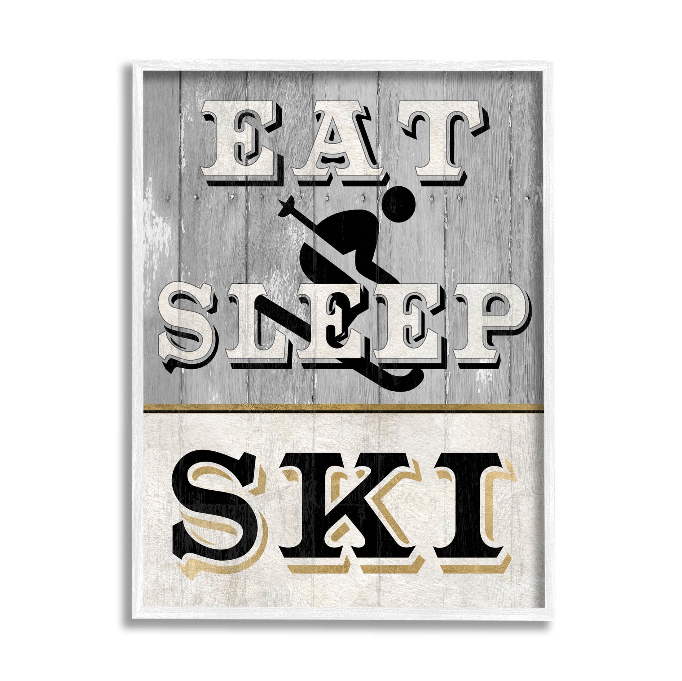 Stupell Industries Eat Sleep Ski Rustic Sign Graphic Art White Framed Art Print Wall Art, Design by Livi Finn