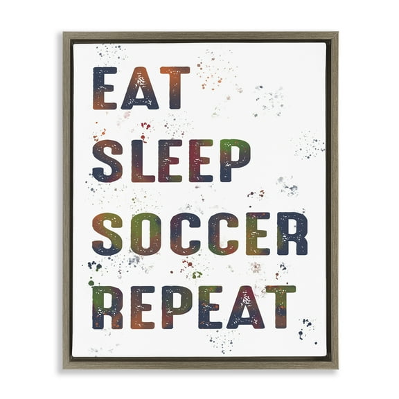 Stupell Industries Eat Sleep Soccer Repeat Quotes and Sayings Painting Brown Floater Framed Canvas Art Print Wall Art, 25 x 31