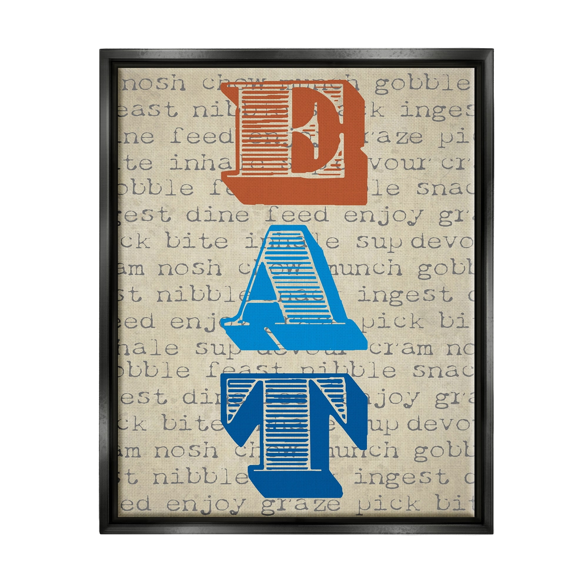Stupell Industries Eat Vintage Striped Stamp Lettering Kitchen Sign Graphic Art Jet Black Floating Framed Canvas Print Wall Art, Design by Graffitee Studios