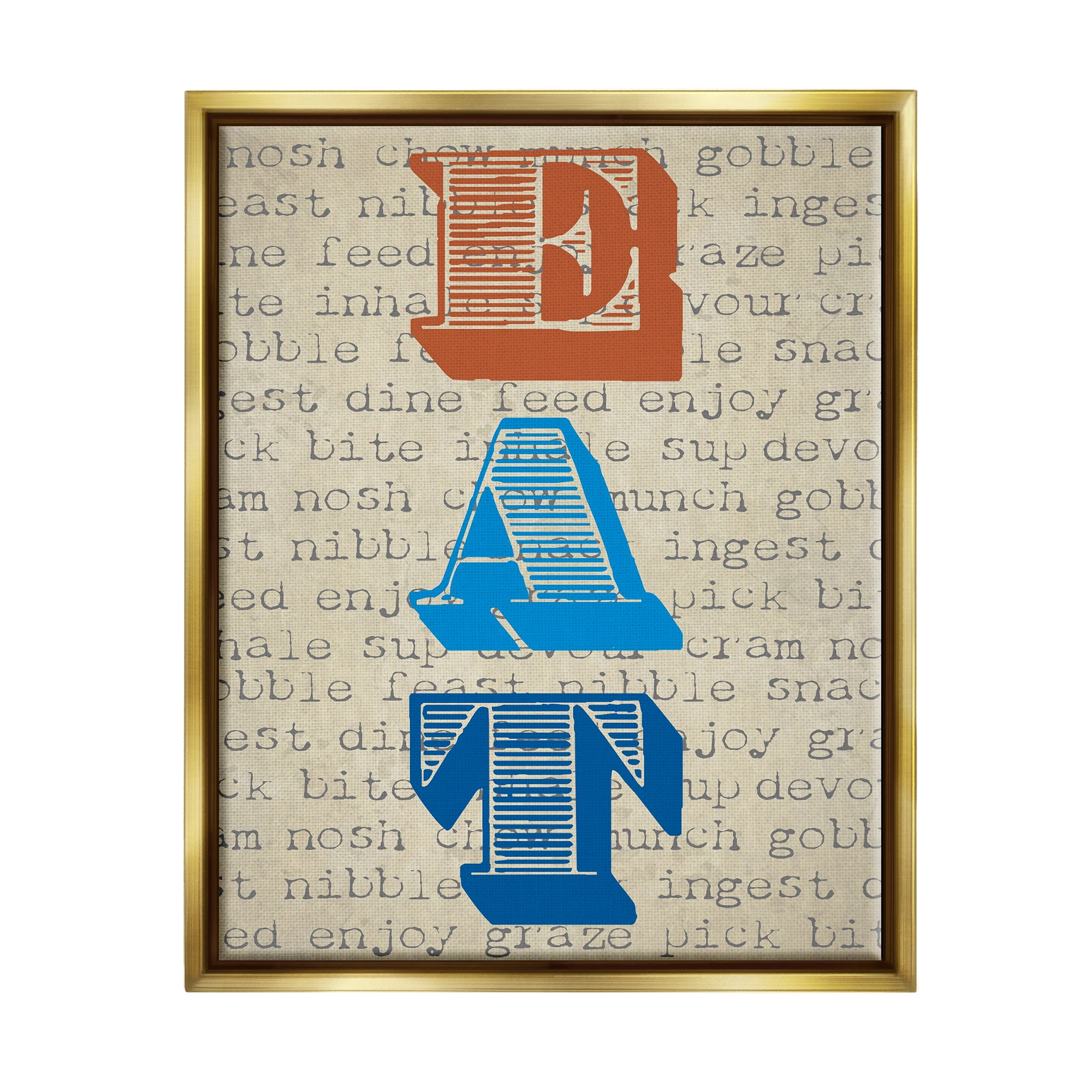 Stupell Industries Eat Vintage Striped Stamp Lettering Kitchen Sign Graphic Art Metallic Gold Floating Framed Canvas Print Wall Art, Design by Graffitee Studios