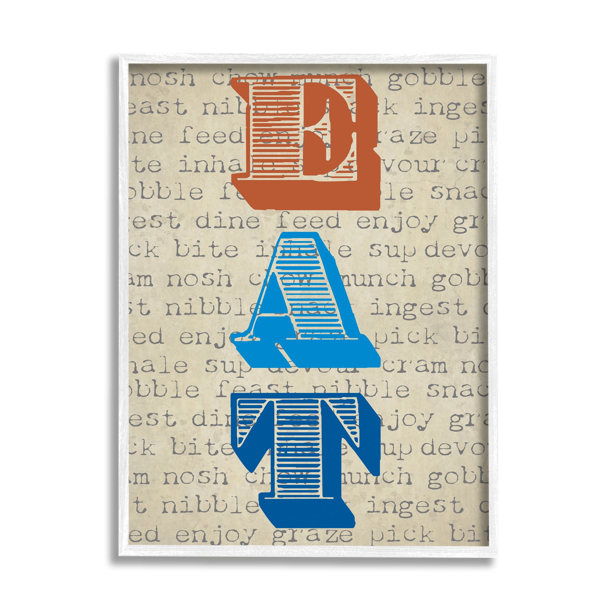Stupell Industries Eat Vintage Striped Stamp Lettering Kitchen Sign Graphic Art White Framed Art Print Wall Art, Design by Graffitee Studios