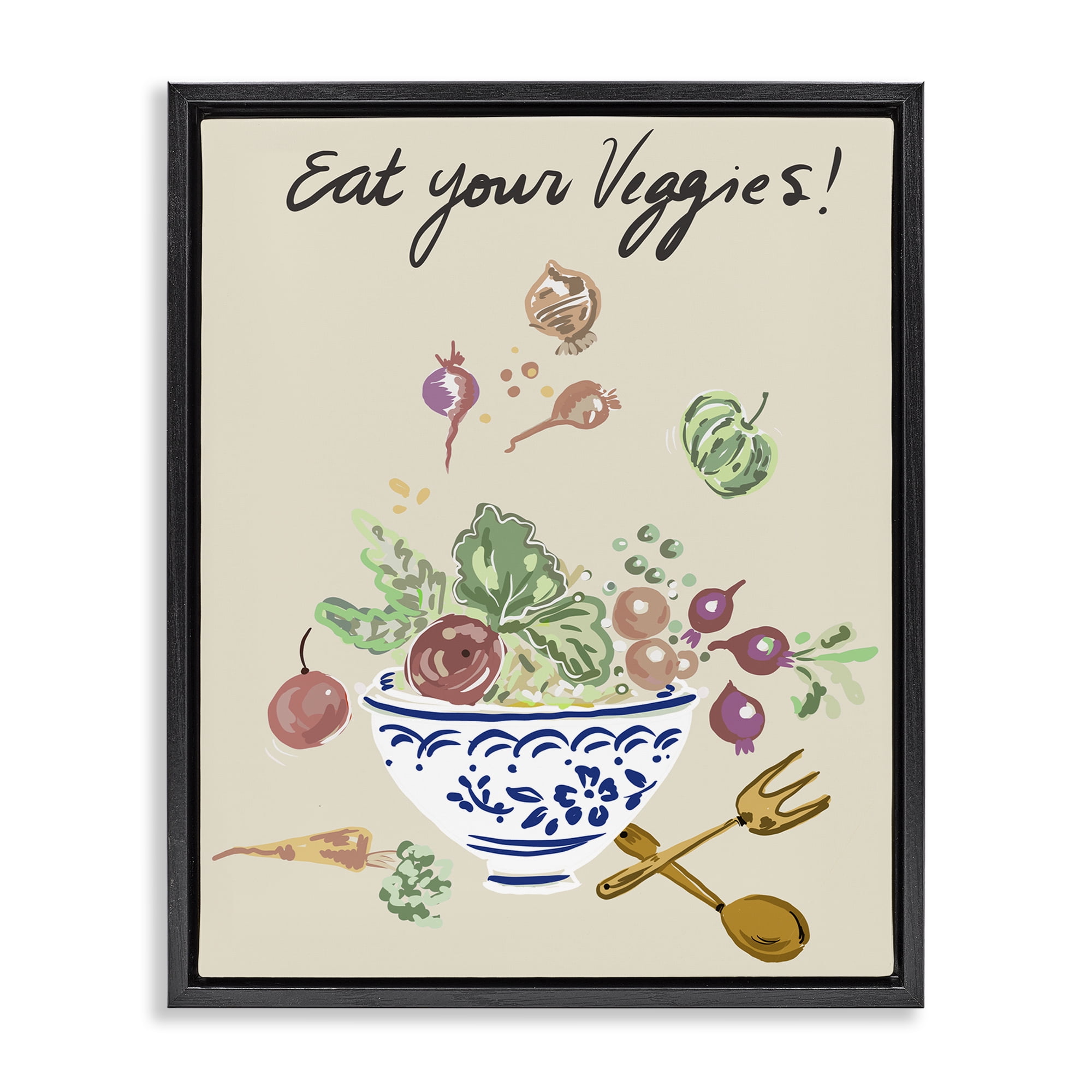 Stupell Industries Eat Your Veggies Bowl Black Framed Floater Canvas Wall Art, design by Ani Del Sol