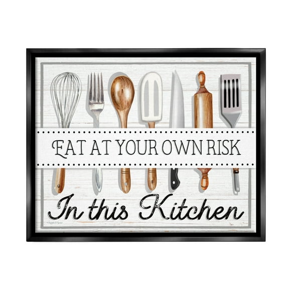 Stupell Industries Eat at Own Risk Phrase Food & Beverage Painting Black Floater Framed Canvas Art Print Wall Art, 31 x 25