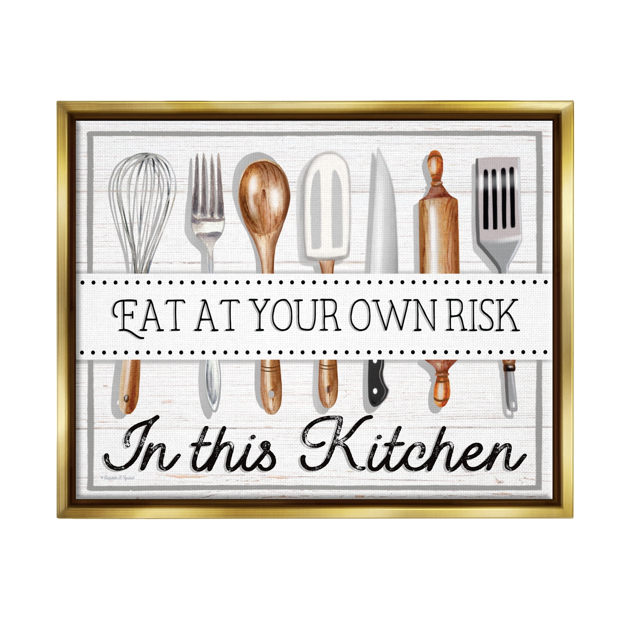 Stupell Industries Eat at Own Risk Phrase Food & Beverage Painting Gold Floater Framed Canvas Art Print Wall Art, 21 x 17