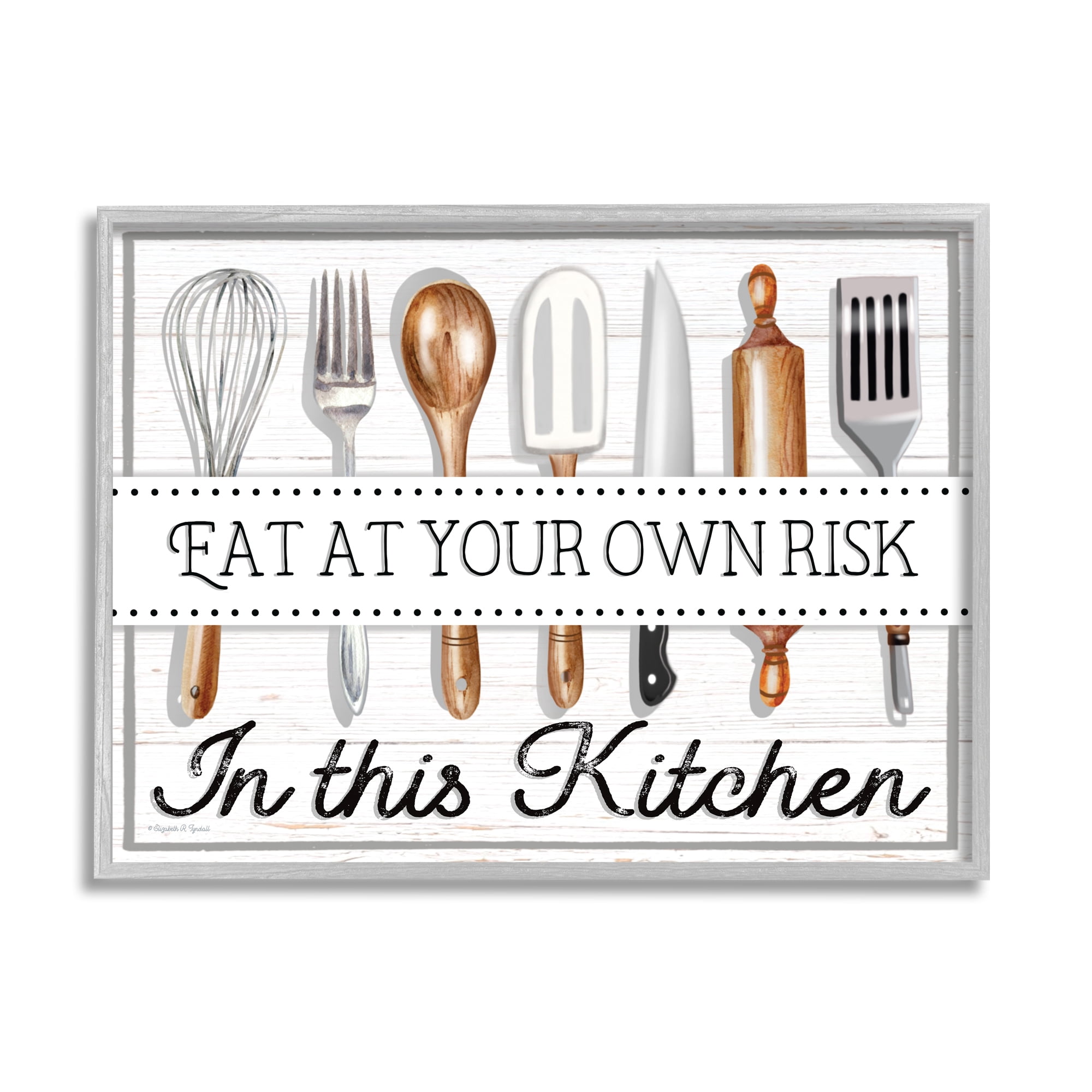 Stupell Industries Eat at Own Risk Phrase Food & Beverage Painting Gray Framed Art Print Wall Art, 30 x 24