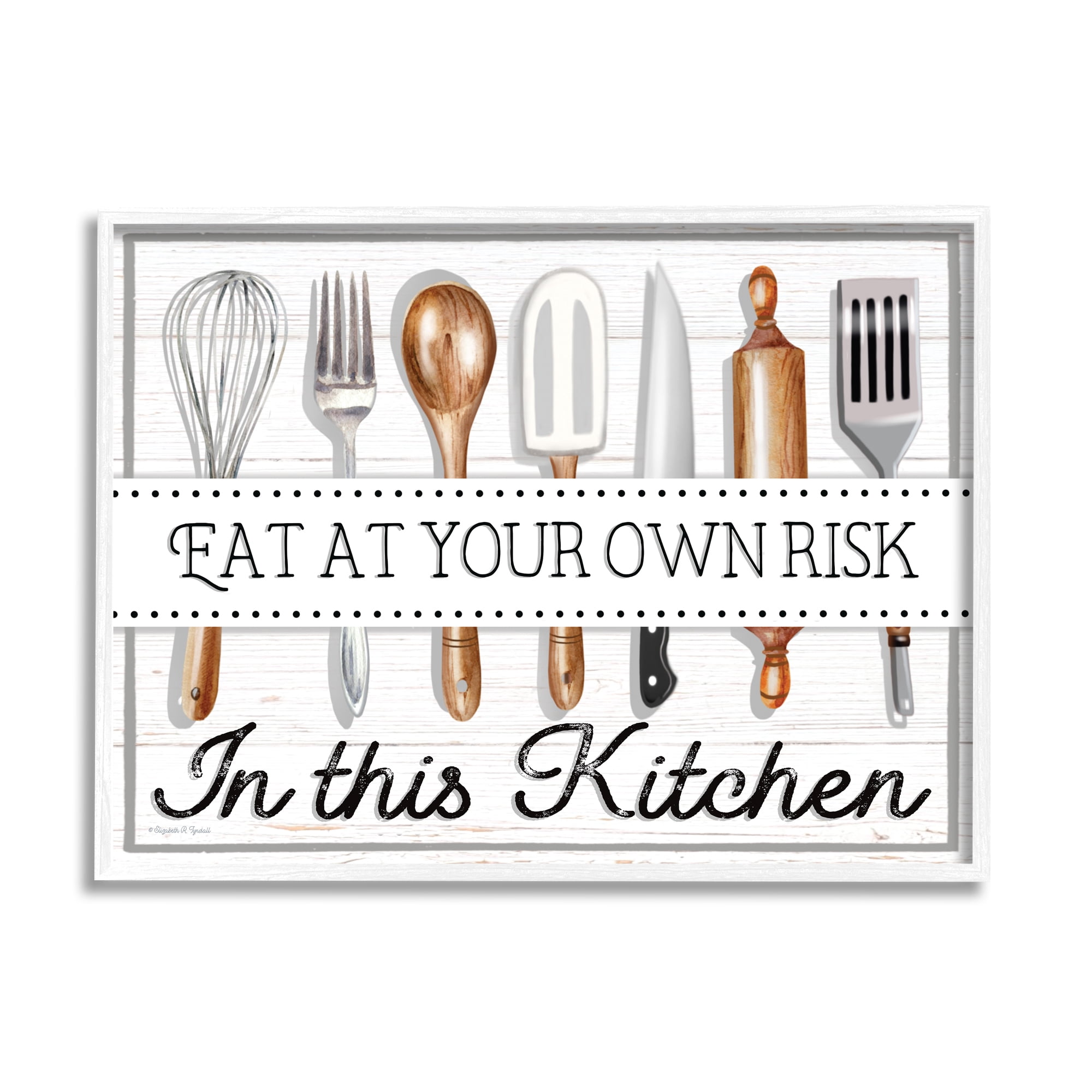 Stupell Industries Eat at Own Risk Phrase Food & Beverage Painting White Framed Art Print Wall Art, 20 x 16