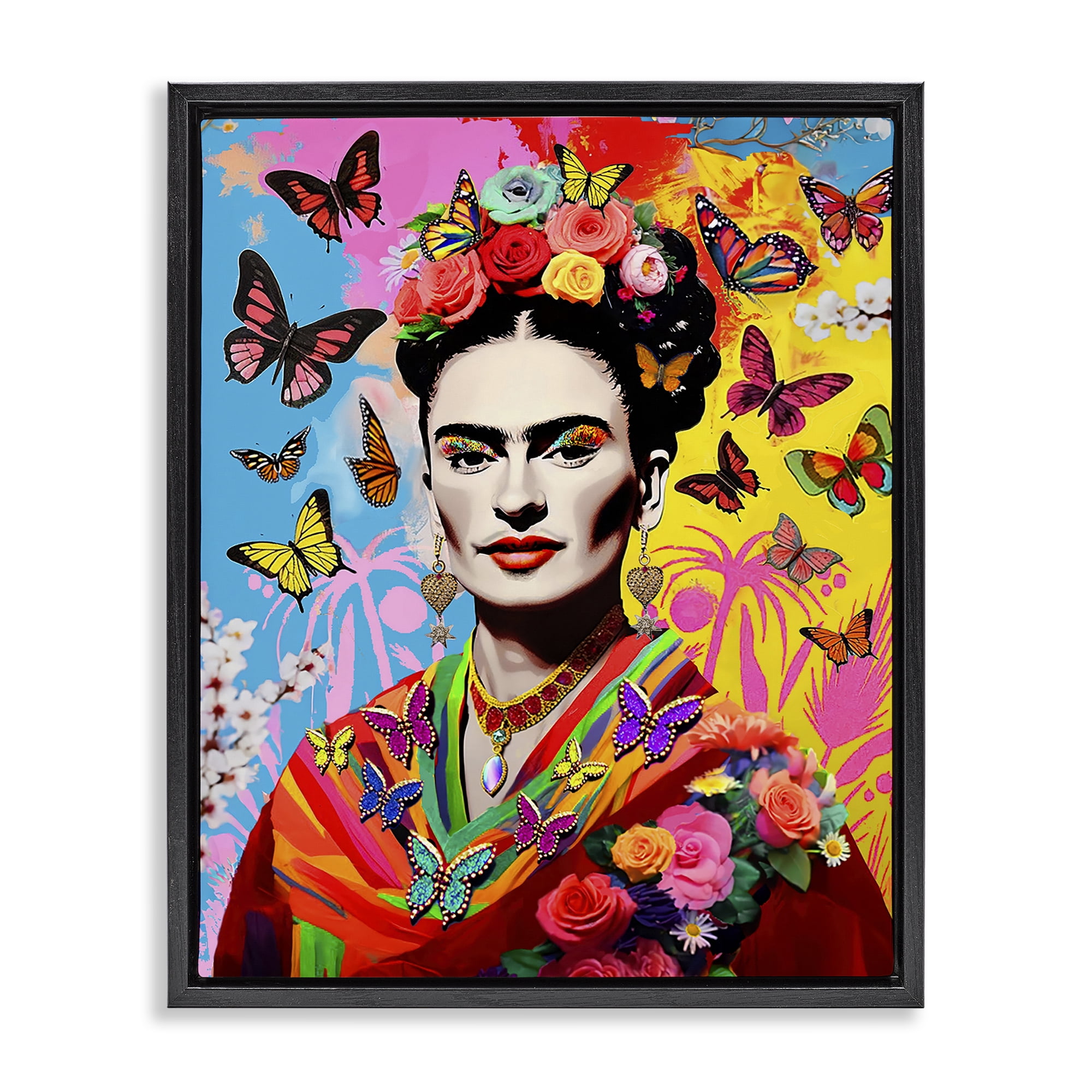 Stupell Industries Eccentric Butterflies Frida People Painting Black Floater Framed Canvas Art Print Wall Art, 17 x 21