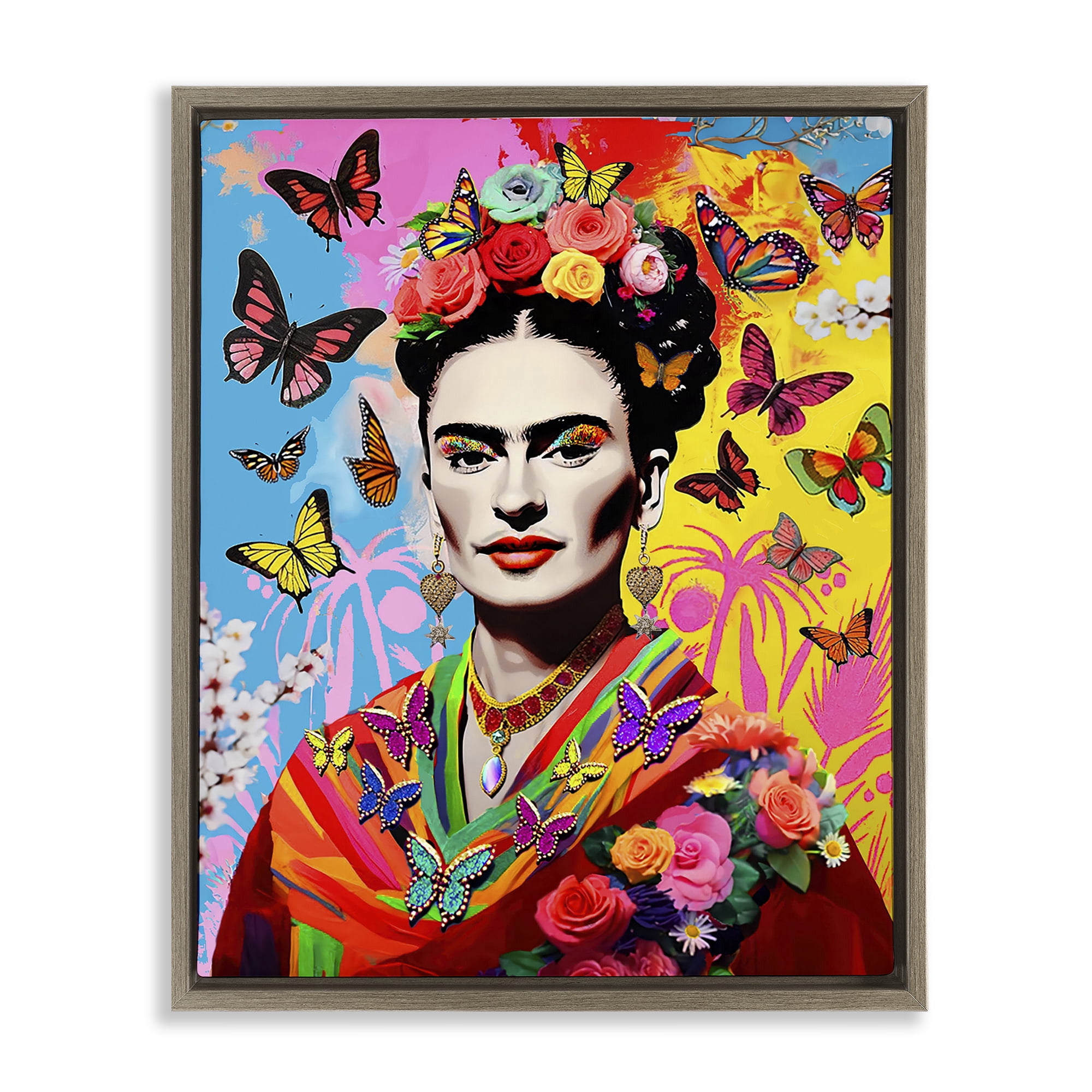 Stupell Industries Eccentric Butterflies Frida People Painting Brown Floater Framed Canvas Art Print Wall Art, 17 x 21