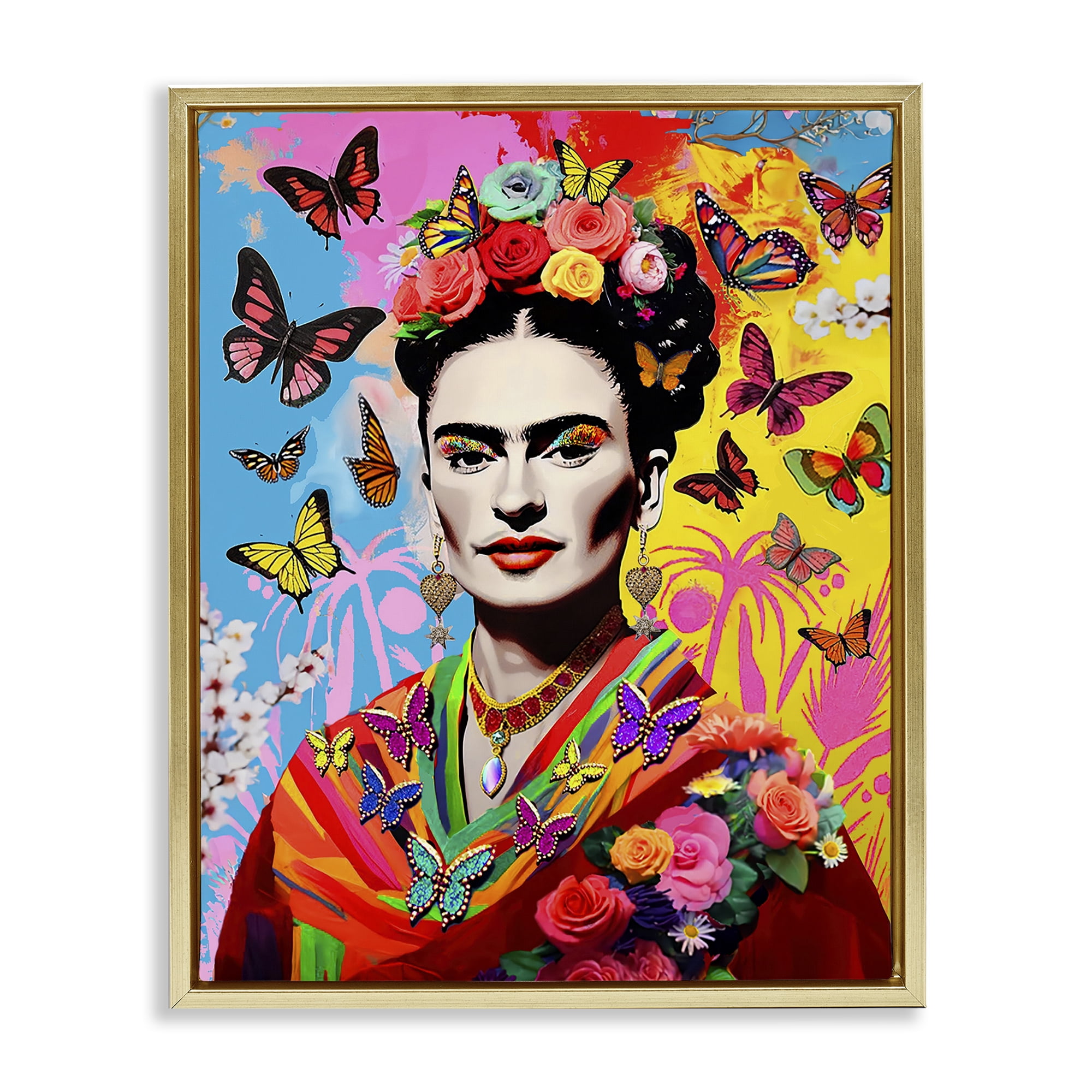 Stupell Industries Eccentric Butterflies Frida People Painting Gold Floater Framed Canvas Art Print Wall Art, 25 x 31