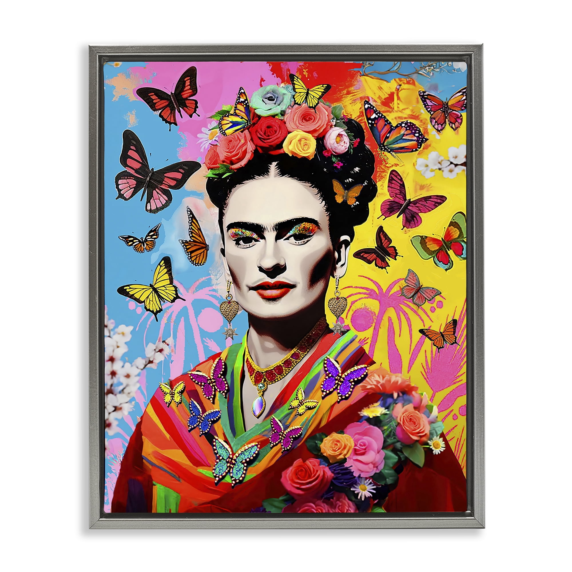 Stupell Industries Eccentric Butterflies Frida People Painting Gray Floater Framed Canvas Art Print Wall Art, 25 x 31
