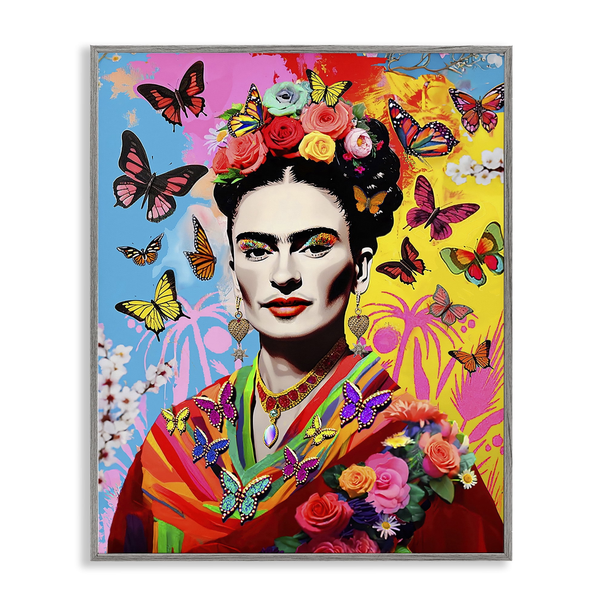 Stupell Industries Eccentric Butterflies Frida People Painting Gray Framed Art Print Wall Art, 24 x 30