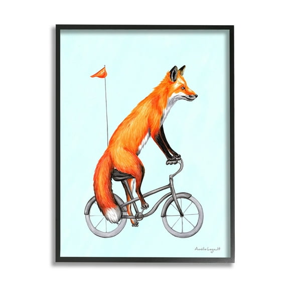 Stupell Industries Eccentric Red Fox Riding Bicycle Biking Flag Graphic Art Black Framed Art Print Wall Art, Design by Amelie Legault