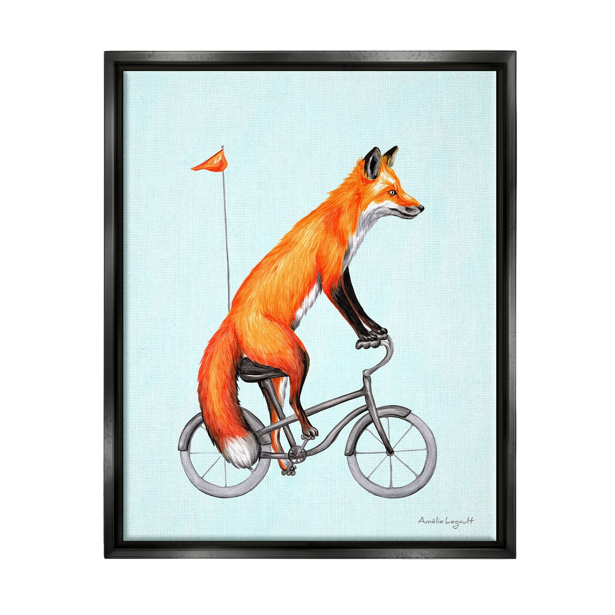 Stupell Industries Eccentric Red Fox Riding Bicycle Biking Flag Graphic Art Jet Black Floating Framed Canvas Print Wall Art, Design by Amelie Legault