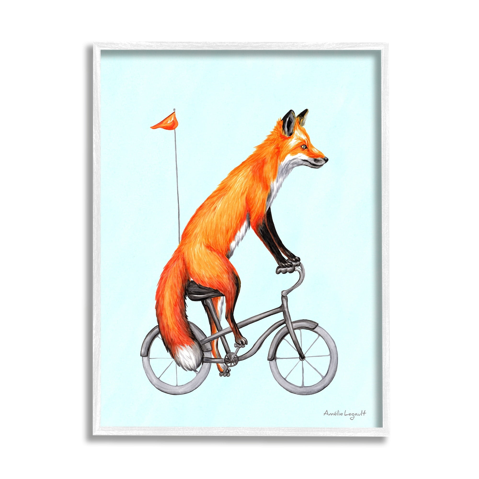 Stupell Industries Eccentric Red Fox Riding Bicycle Biking Flag Graphic Art White Framed Art Print Wall Art, Design by Amelie Legault