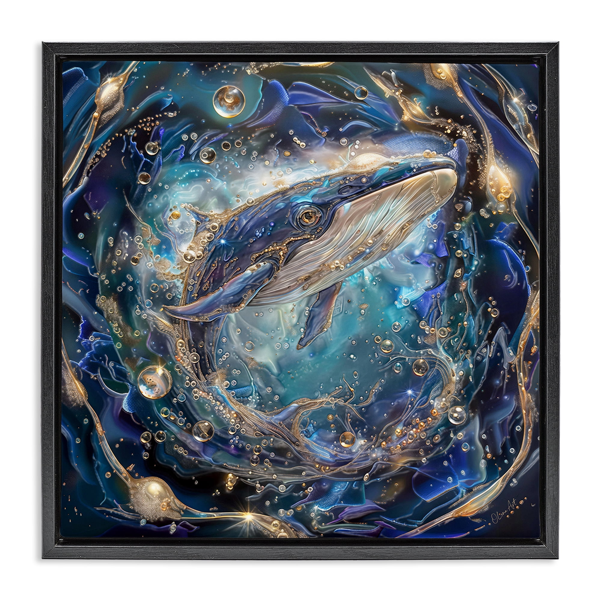 Stupell Industries Echoes Of Abyss Whale Animals & Insects Painting Black Floater Framed Canvas Art Print Wall Art, 18 x 18