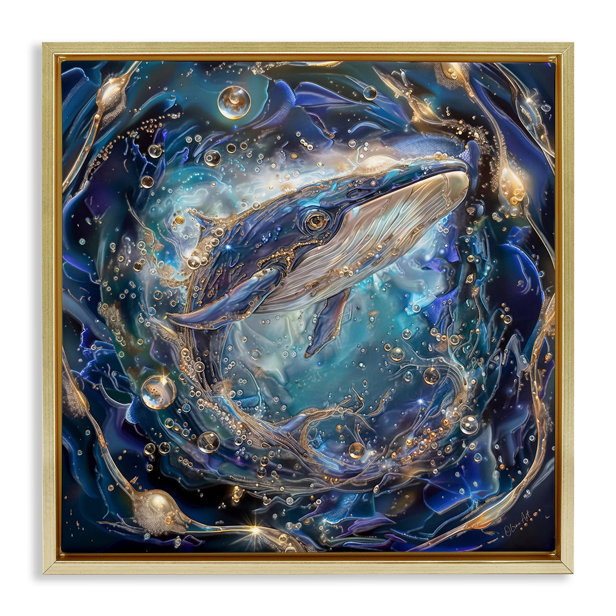 Stupell Industries Echoes Of Abyss Whale Animals & Insects Painting Gold Floater Framed Canvas Art Print Wall Art, 18 x 18