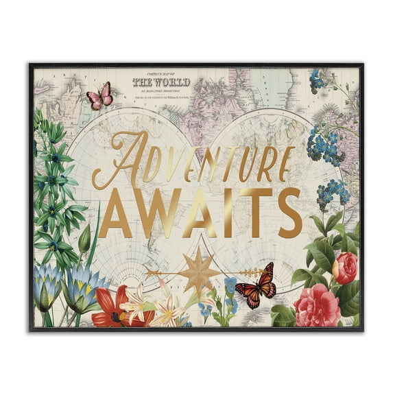 Stupell Industries Eclectic Adventure Awaits Floral Map Black Framed Giclee Art, 14 x 11, by Ophelia and Company