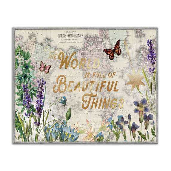 Stupell Industries Eclectic Beautiful Things Floral Map Gray Framed Giclee Art, 14 x 11, by Ophelia and Company