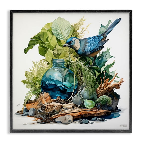 Stupell Industries Eclectic Bluebird & Woodland Plants Black Framed Giclee Art, 24 x 24, by RB