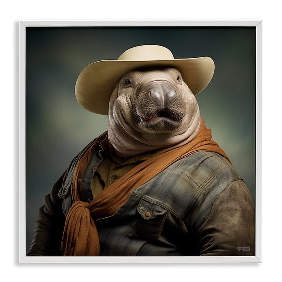 Stupell Industries Eclectic Cowboy Manatee Portrait White Framed Giclee Art, 12 x 12, by RB
