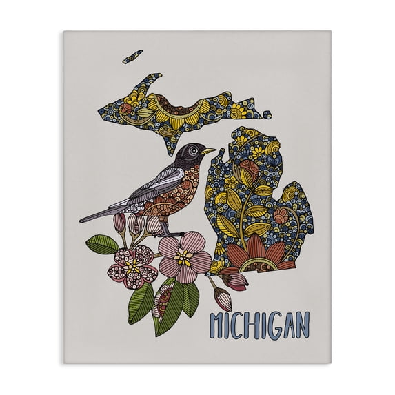 Stupell Industries Eclectic Detailed Michigan State Robin Bird & Flower Patterns Canvas Art, 30 x 40, by Valentina Harper