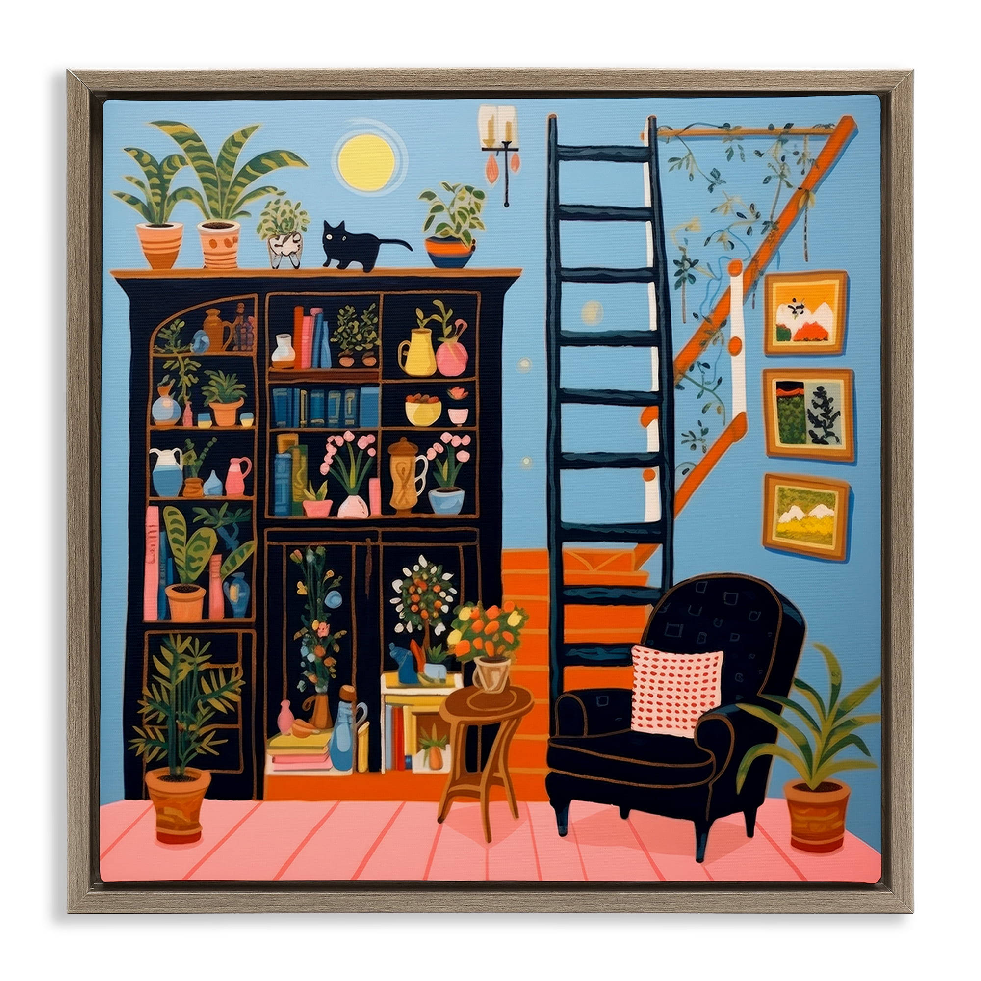 Stupell Industries Eclectic Fun Bookshelf Furniture Painting Brown Floater Framed Canvas Art Print Wall Art, 18 x 18
