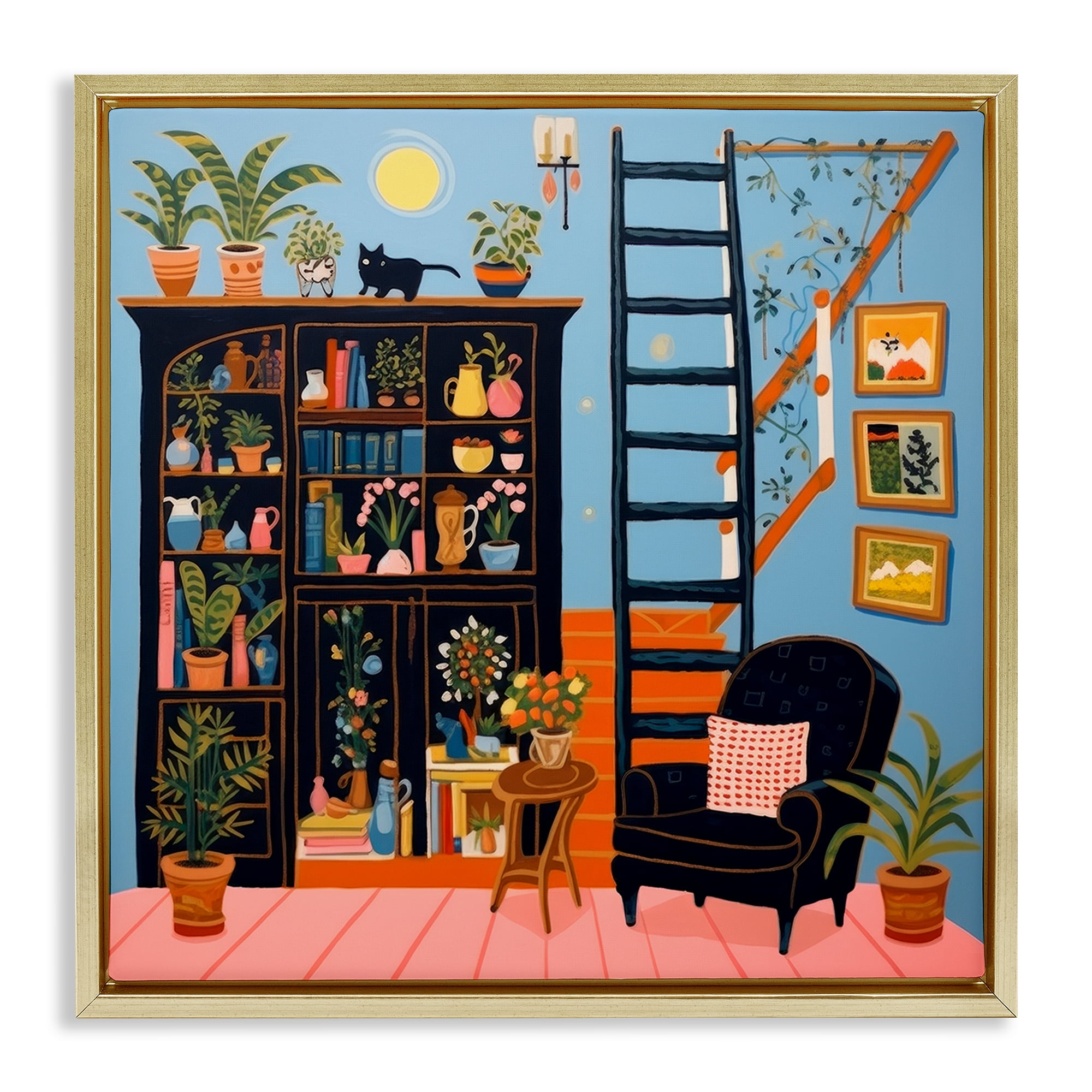 Stupell Industries Eclectic Fun Bookshelf Furniture Painting Gold Floater Framed Canvas Art Print Wall Art, 25 x 25