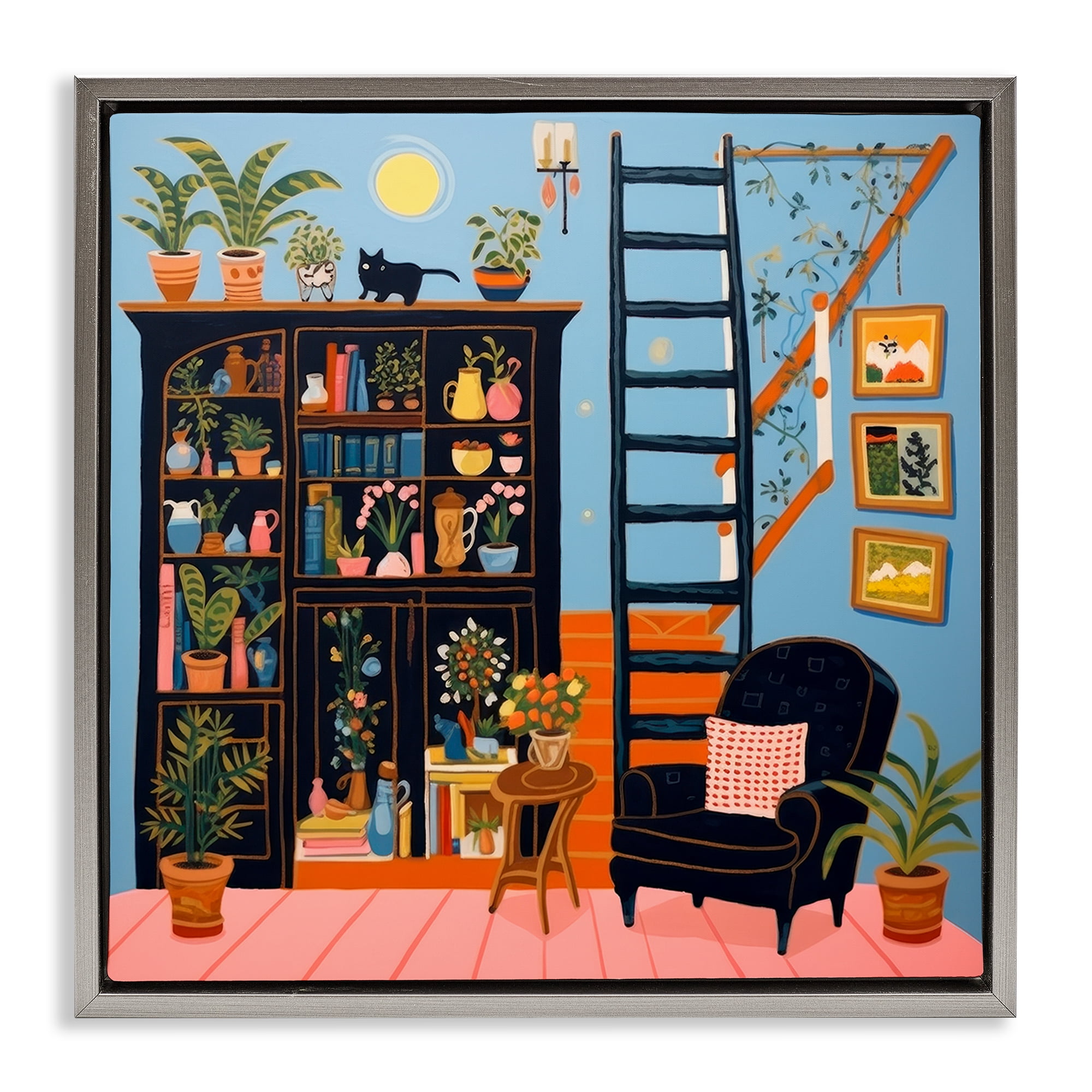 Stupell Industries Eclectic Fun Bookshelf Furniture Painting Gray Floater Framed Canvas Art Print Wall Art, 25 x 25