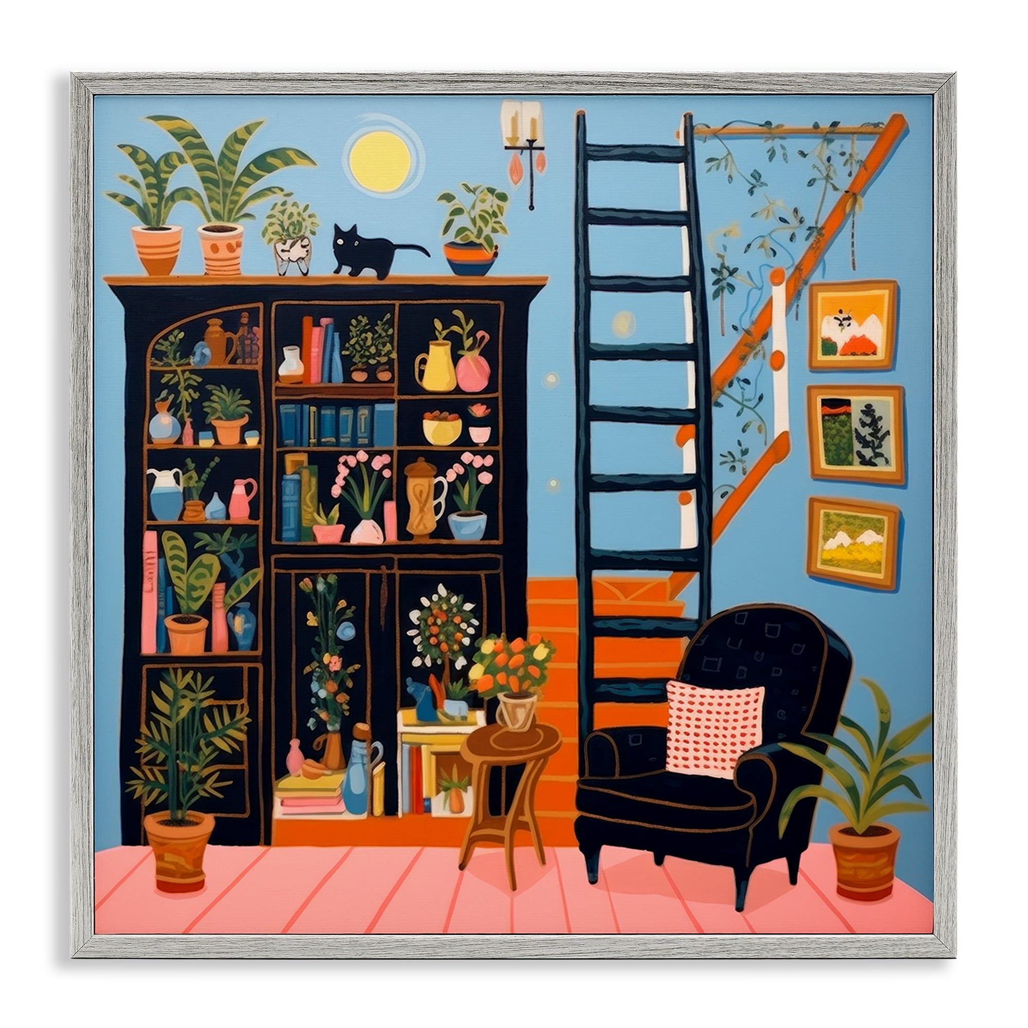 Stupell Industries Eclectic Fun Bookshelf Furniture Painting Gray Framed Art Print Wall Art, 12 x 12