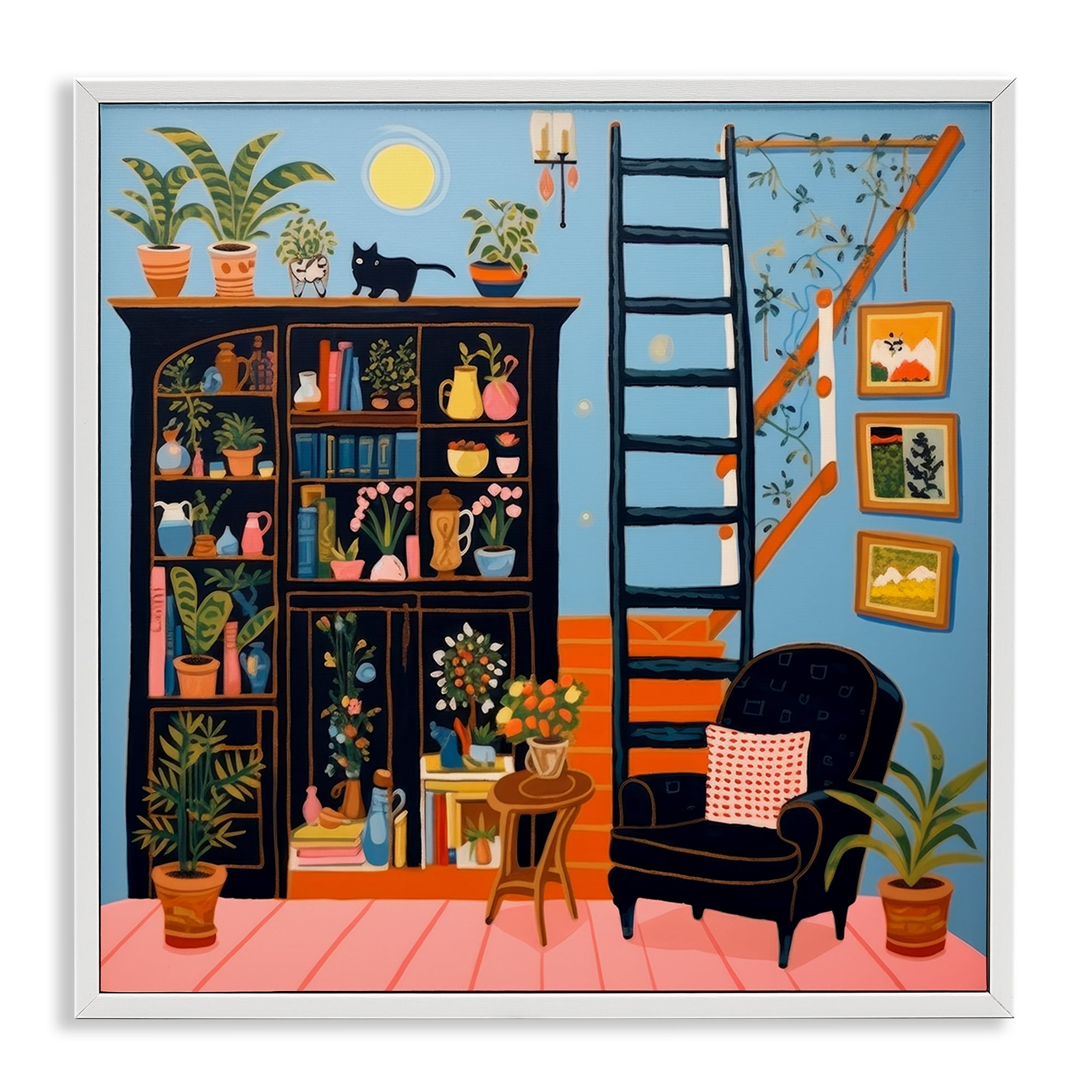 Stupell Industries Eclectic Fun Bookshelf Furniture Painting White Framed Art Print Wall Art, 24 x 24