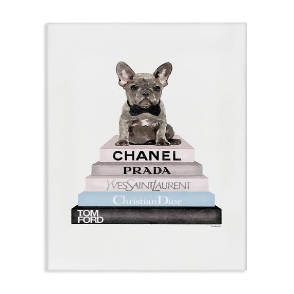 Stupell Industries Eclectic Grey Blue and Black Fashion Bookstack with Grey Frenchie Puppy Canvas Art, 16 x 20, by Amanda Greenwood