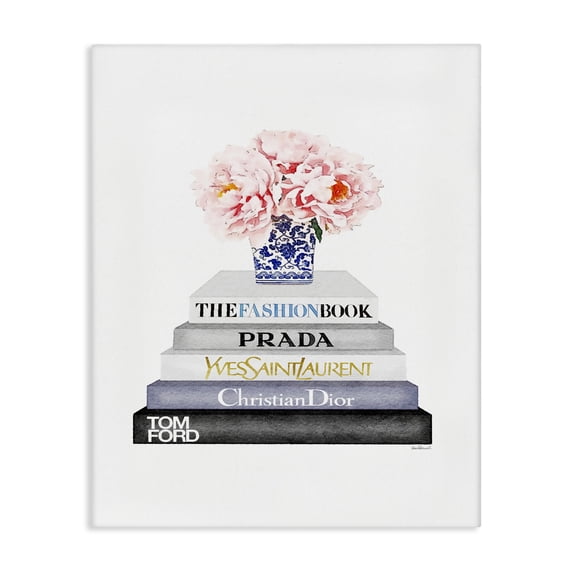 Stupell Industries Eclectic Grey Fashion Bookstack with Pink Flowers in Blue and White Vase Canvas Art, 16 x 20, by Amanda Greenwood