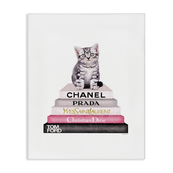 Stupell Industries Eclectic Grey Pink and Black Fashion Bookstack with Kitten Canvas Art, 16 x 20, by Amanda Greenwood