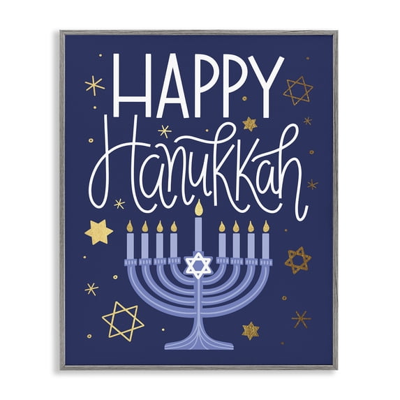 Stupell Industries Eclectic Happy Hanukkah Blue Menorah Pattern Gray Framed Giclee Art, 11 x 14, by Taylor Shannon Designs
