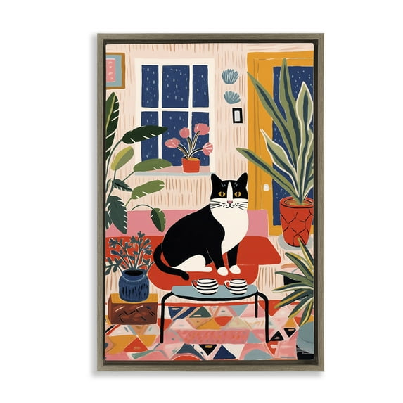 Stupell Industries Eclectic Living Room Cat Animals & Insects Painting Brown Floater Framed Canvas Art Print Wall Art, 21 x 31